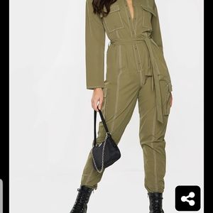 Khaki Contrast Seam Tie Waist jumpsuit